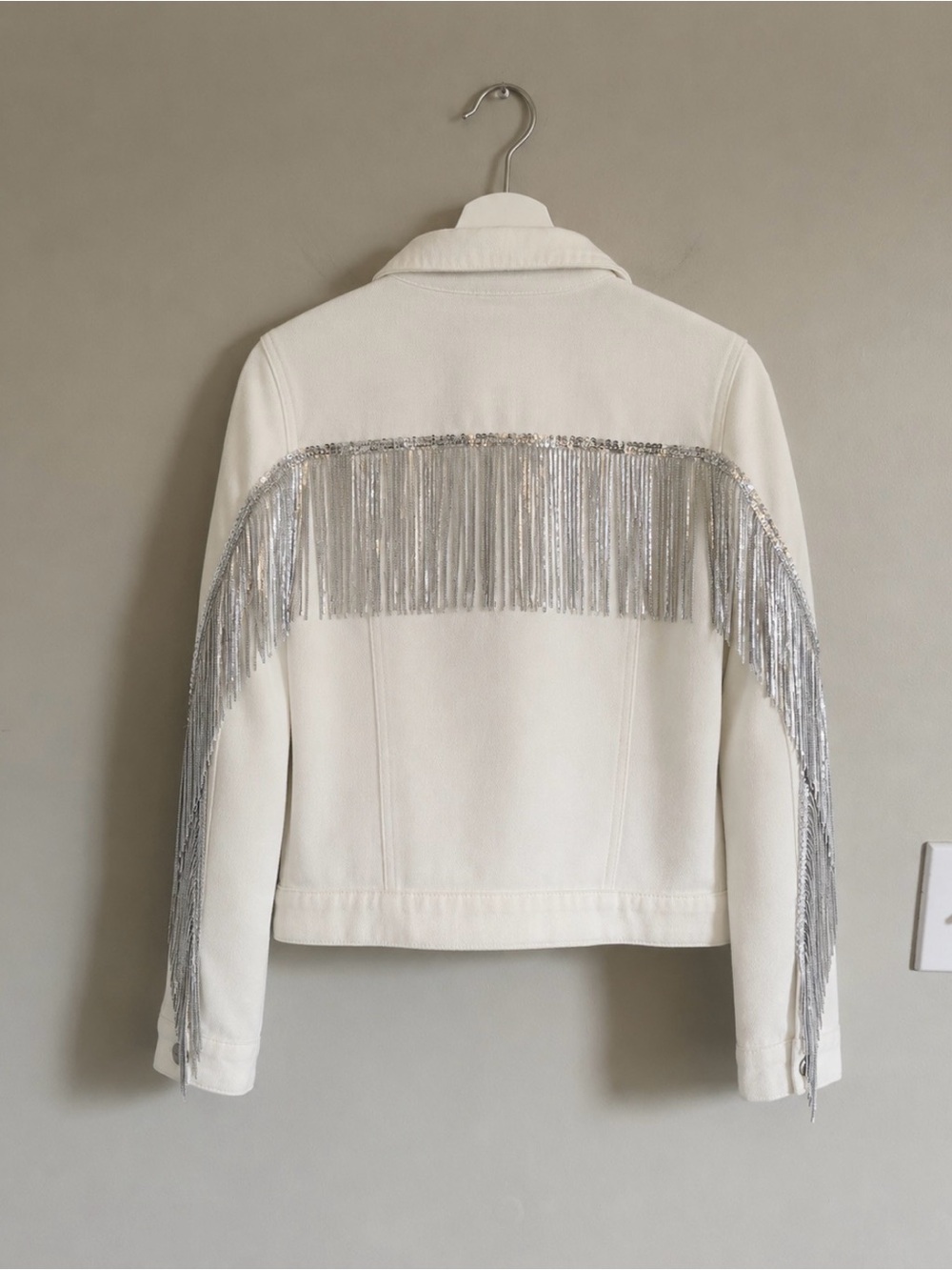 Sequin Fringe White Denim Jacket - Picture 11 of 12